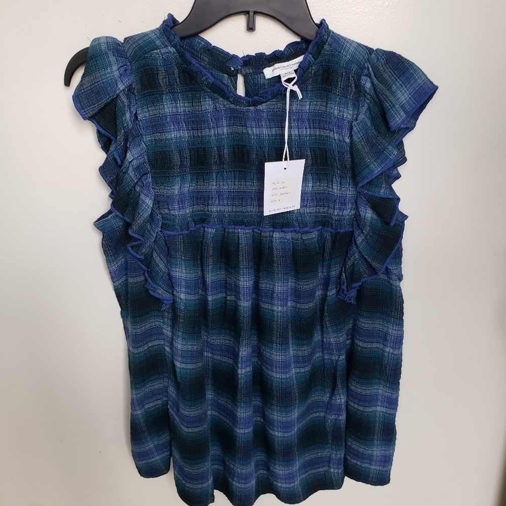 Beach lunch lounge Lori check flutter sleeve top. Women's Small.